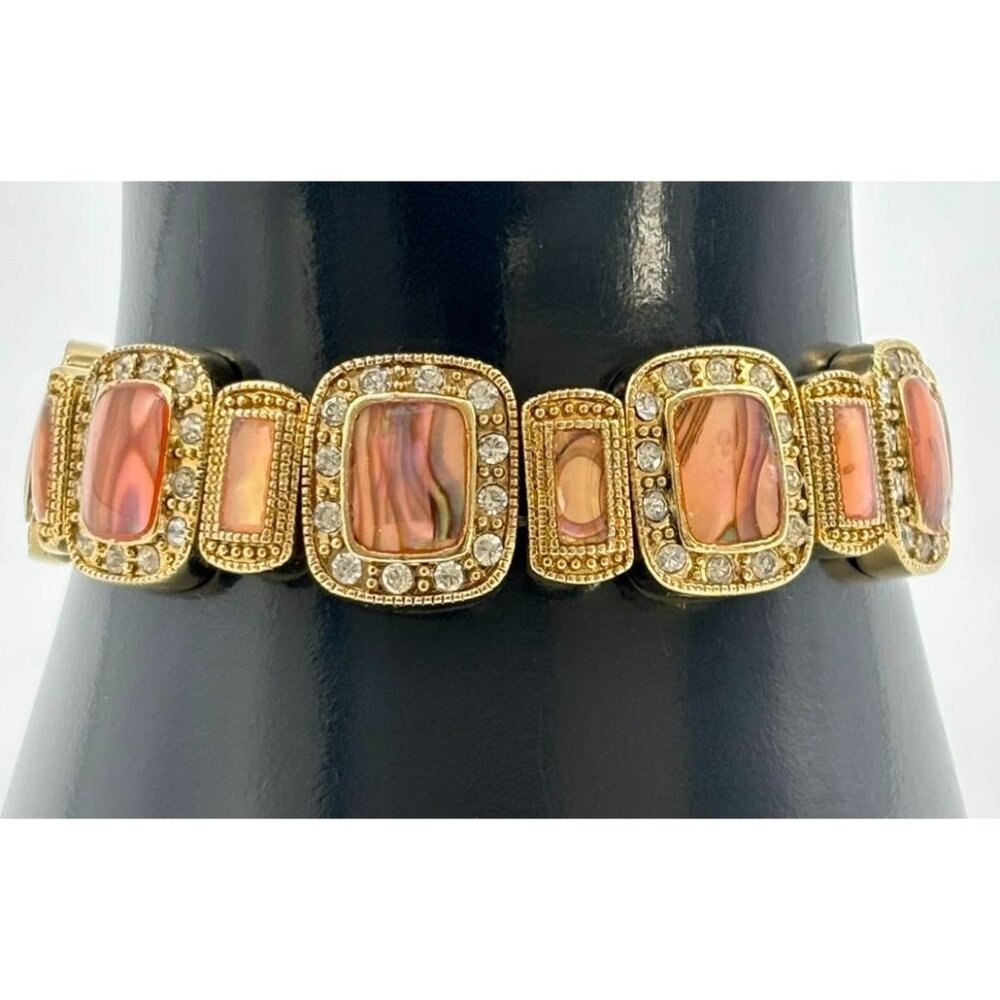 Lia Sophia Peach/Pink Abalone Shell Rhinestone Stretch Bracelet Gold Tone 7 Inch
